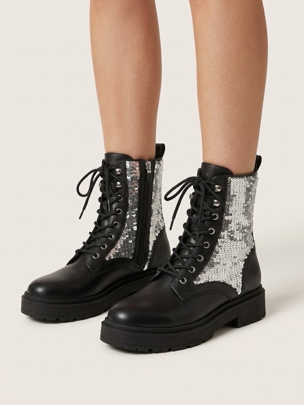 Nine West - NWB Black Combat Boots with Silver Sequin Panels